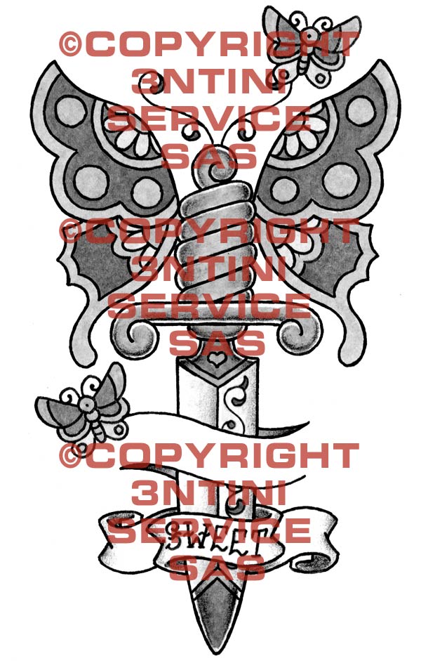 Product picture Tattoo flash - Butterflies with dagger