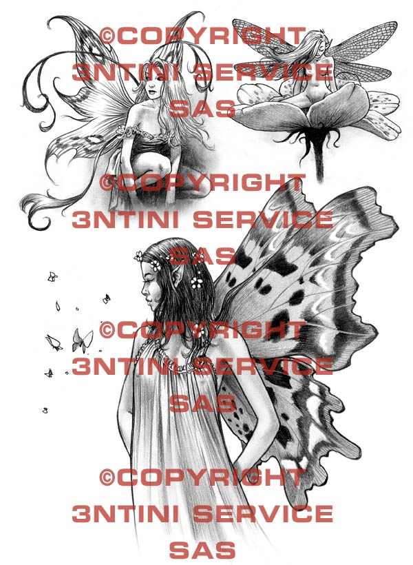 Product picture 3 x Tattoo flashes -Fairies with Butterflies/Flower