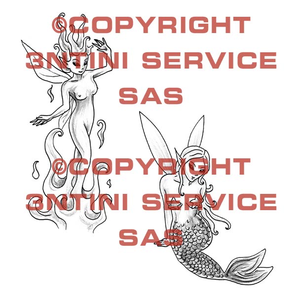 Product picture 2 x Tattoo flashes - Fairy that appears from fire/ Mermaid-Fairy