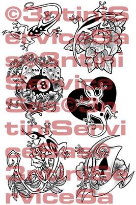 Product picture 6 x Tattoo flashes - Geckos with Rose, Heart, Ace of spades, Flames, Flower, Eye