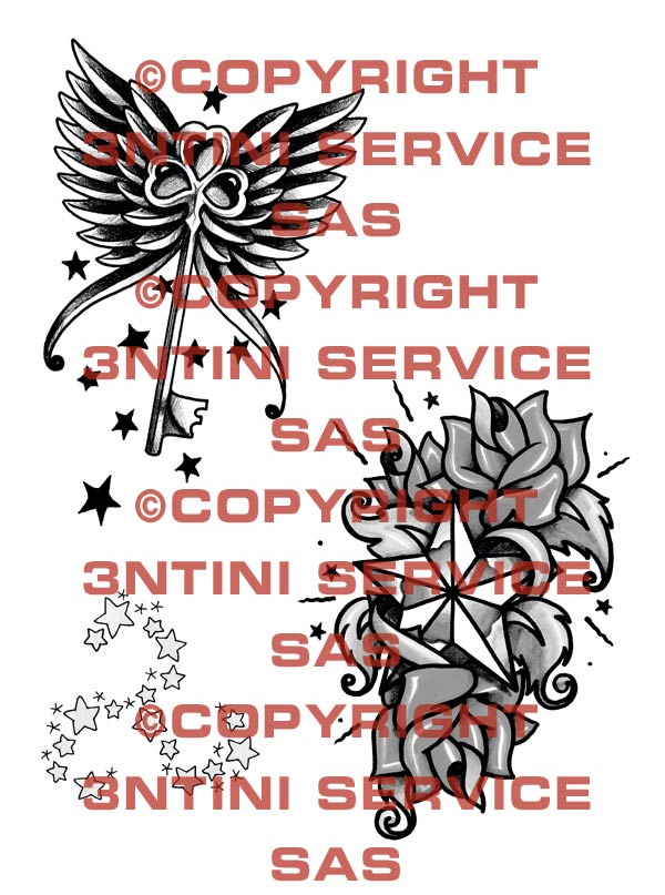 Product picture 3 x Tattoo flashes -  Triskell-shaped Stars/ Winged Key with stars/Stars with roses