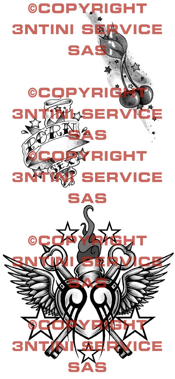 Product picture 3 x Tattoo flashes - Cherry with stars/Winged heart with stars/Porn Sex Stars